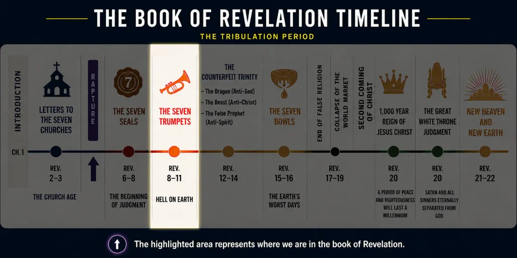 Infoegraphic explaining where the 1st trumpet of Revelation 8 falls within the Revelation Tribulation timeline.