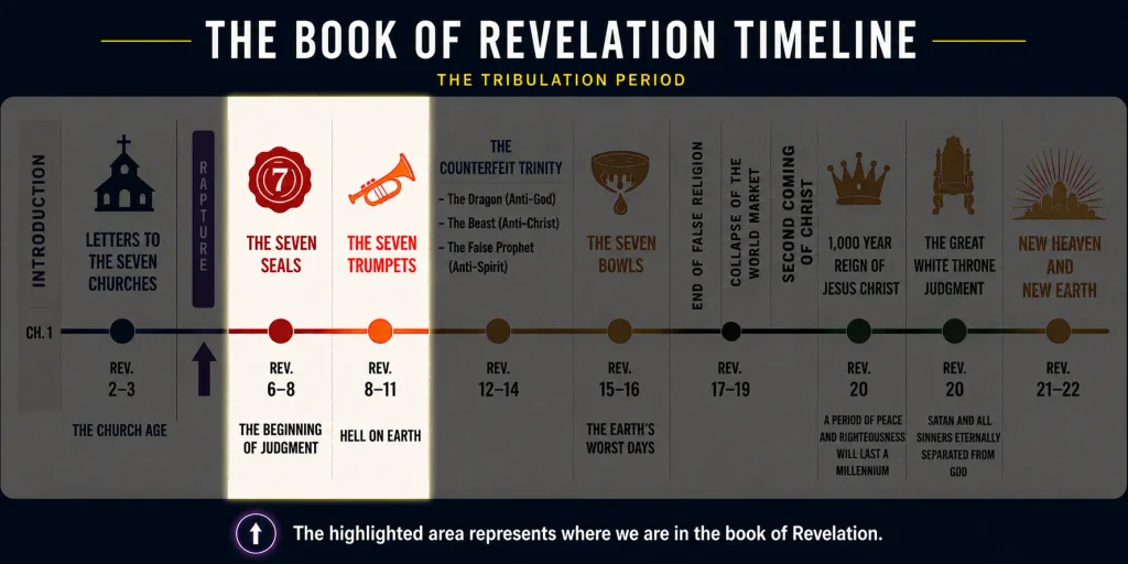 Infographic on Revelation 8 and the 7th seal and where it falls on the Revelation Tribulation timeline.