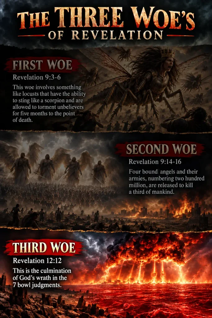 Infographic explaining the third woe during the war in heaven that eventually culminates into the bowl judgments.