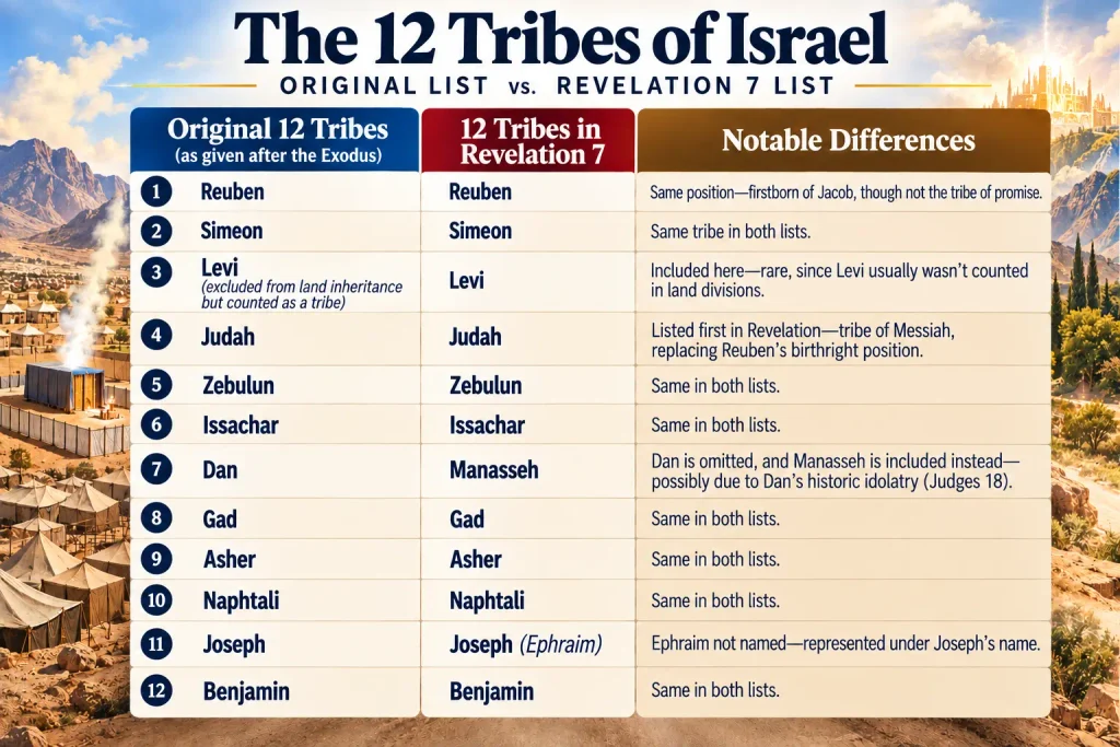 Infographic explaining the Revelation 12 tribes meaning as it relates to the original 12 tribes in Israel and the changes.