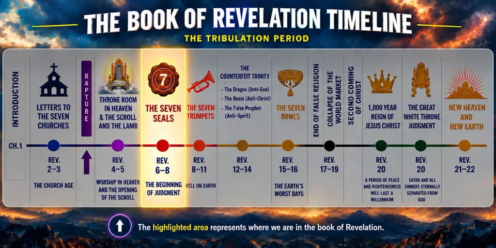 Infographic explaining where the sixth seal of Revelation falls within the Tribulation timeline.