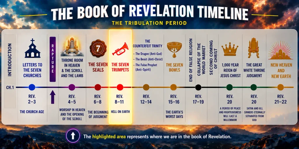 Infographic explaining the 6th trumpet of Revelation 9:13-21 and where it aligns with the book of Revelation timeline and the Tribulation period.