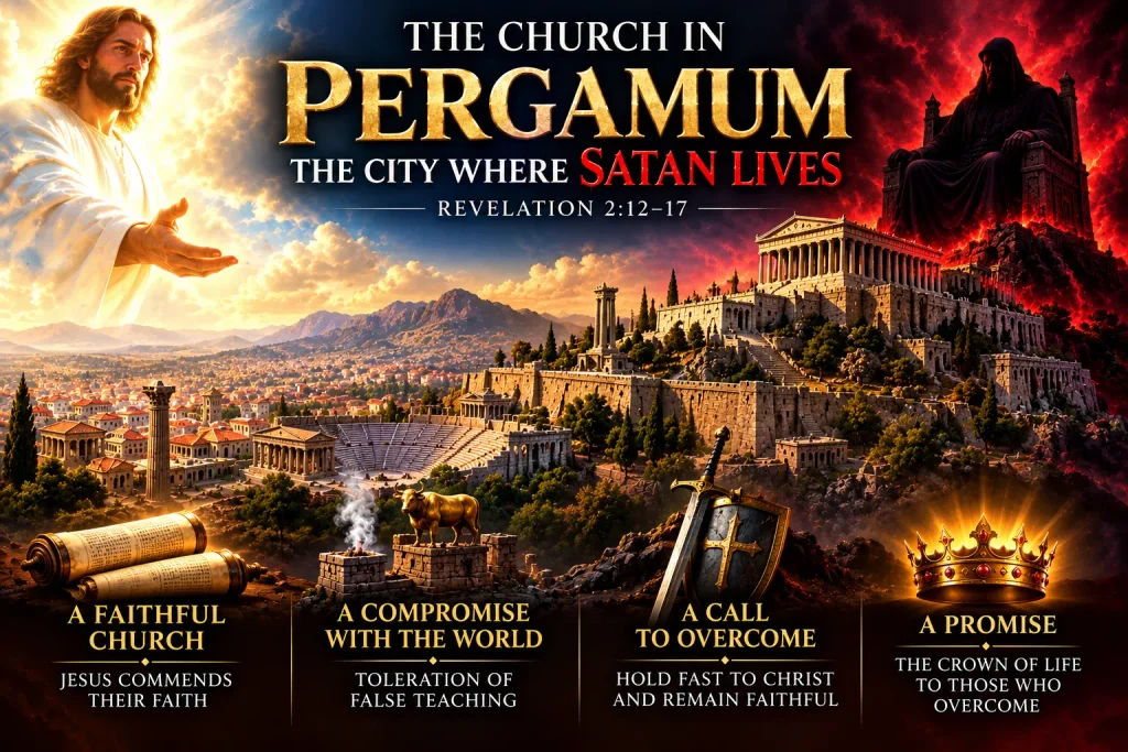Infographic explaining the challenges to the city of Pergamum against the backdrop of Satan's throne in the city.