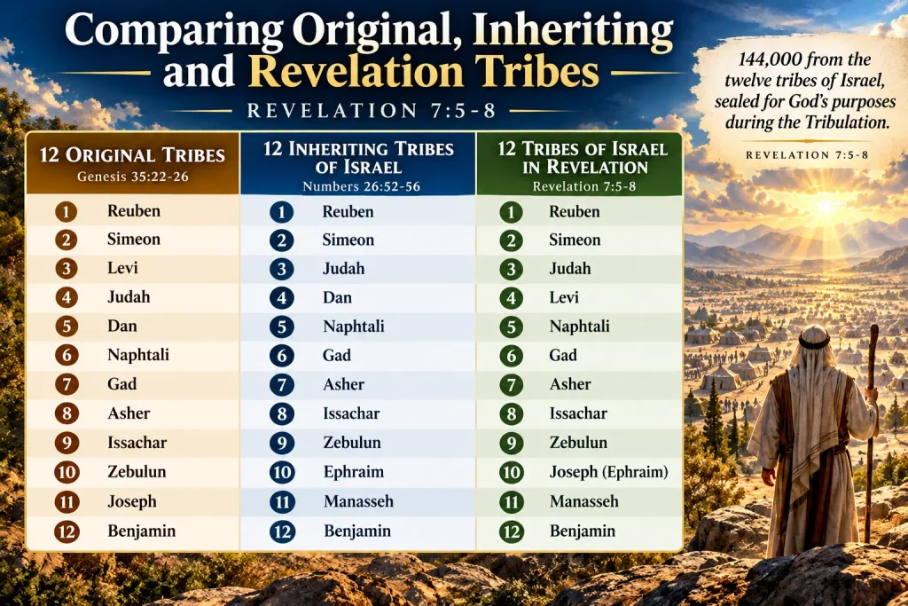 Revelation 7 infographic comparing the 12 tribes of Israel in Revelation to the original and inheriting tribes of the Old Testament.