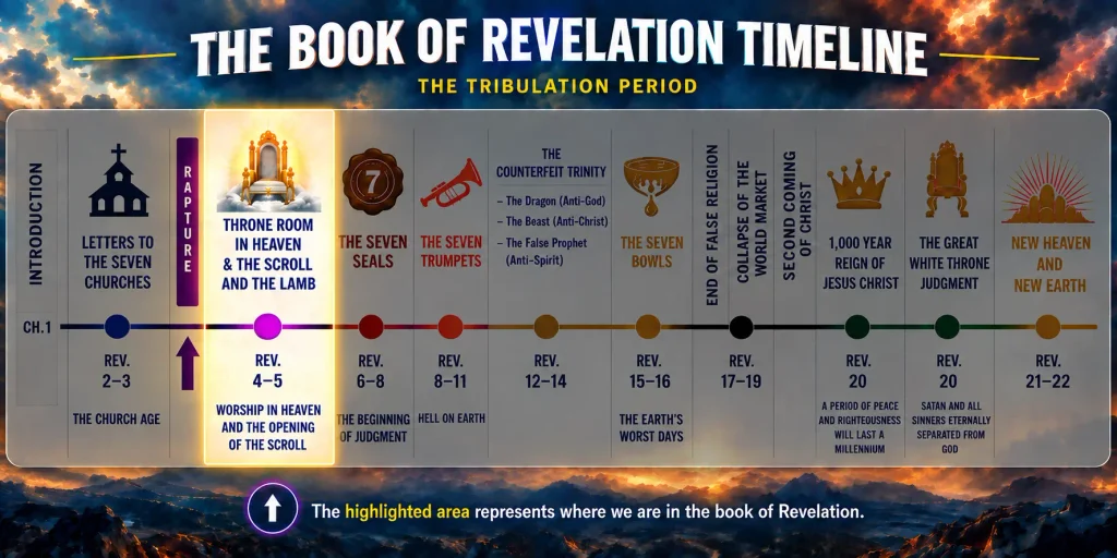 Infographic of Reelation 5 explaining the scene of who is worthy to open the scroll and where this falls in the Revelation timeline and the Tribulation period.