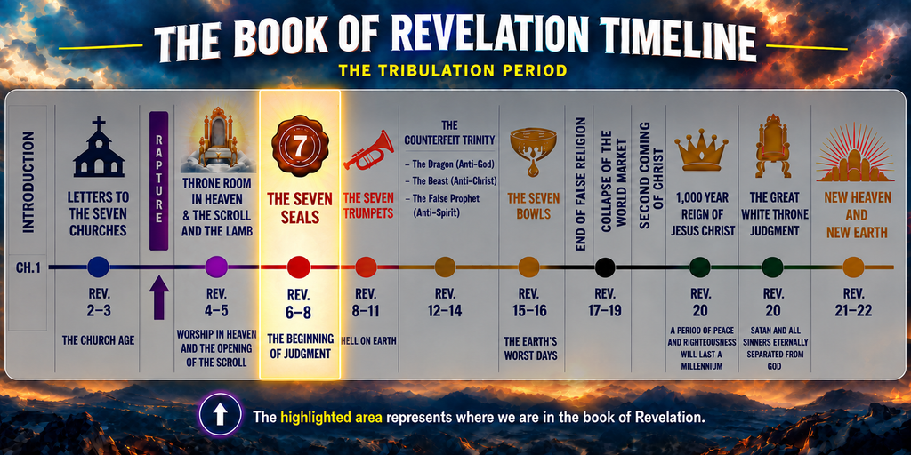 Infographic explaining where the 12 tribes of israel in Revelation 7 fall within the Tribulation period and Revelation timeline.