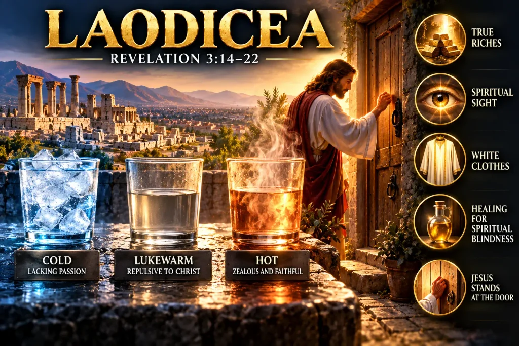 Infographic explaining why the letter to the church in Laodicea was lukewarm in faith to Jesus.