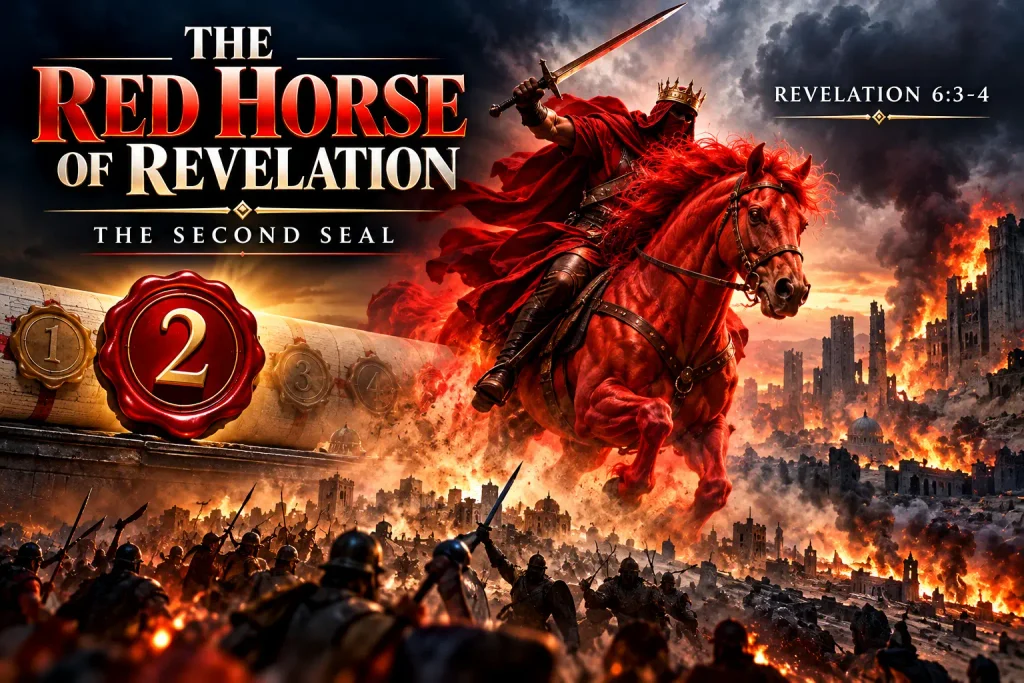 Infographic describing what will come onto the scene at the breaking of the second seal of revelation in the Tribulation period.