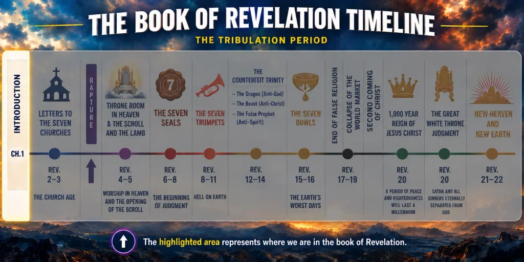 Infographic that explains the revelation of Jesus Christ in Revelation 1 and where it falls on the Revelation timeline and the Tribulation period.
