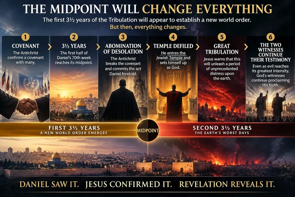 Infographic that explains the events of Mid Tribulation in order of occurrence of the seven years of tribulation.