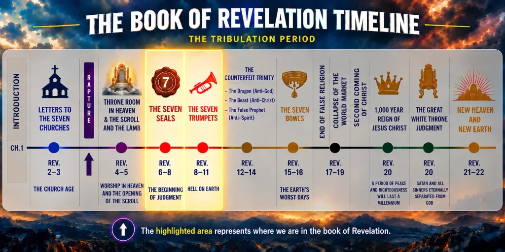Infographic that reveals the placement of the time of the golden censer of Revelation 8 within the Tribulation timeline of events.