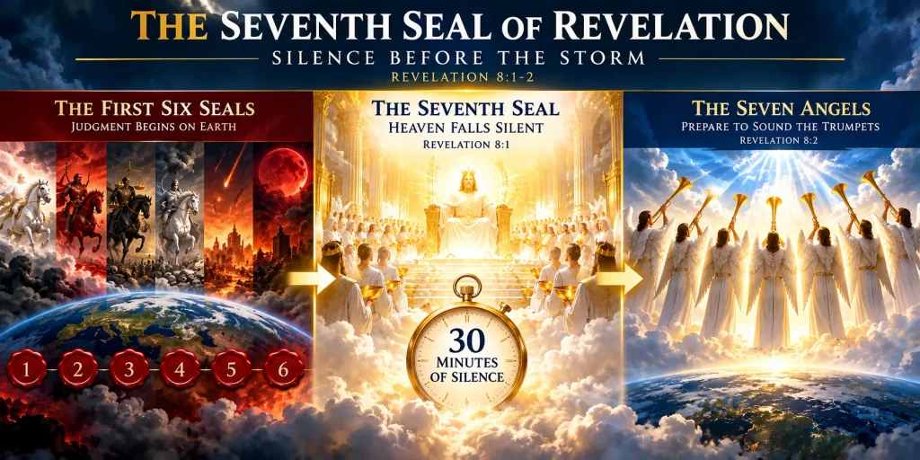 Infographic explaining the transition from the seventh seal of Revelation to the 30 minutes of silence then to the seven trumpet judgments in Revelation 8.