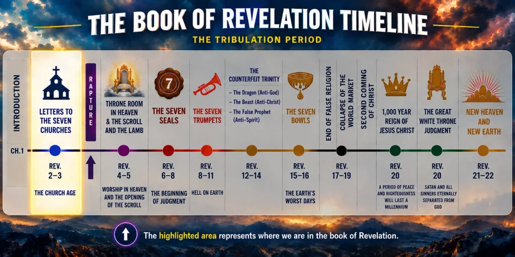 Infographic explaining where the church in Ephesus falls within the Revelation timeline and the Tribulation period in Revelation 2.