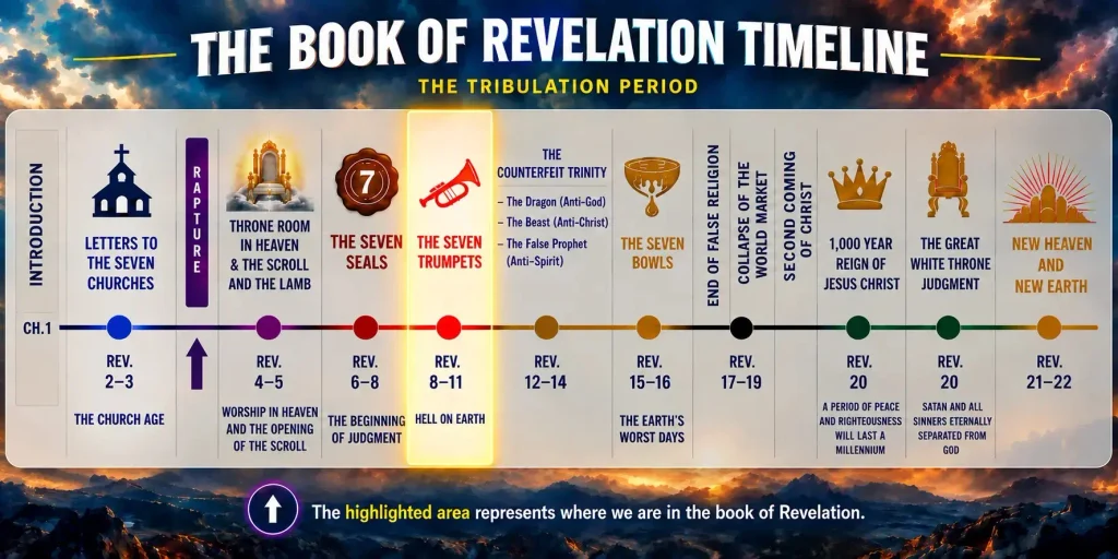 Infographic of the 2nd trumpet of Revelation and where it falls within the Revelation timeline of the Tribulation.