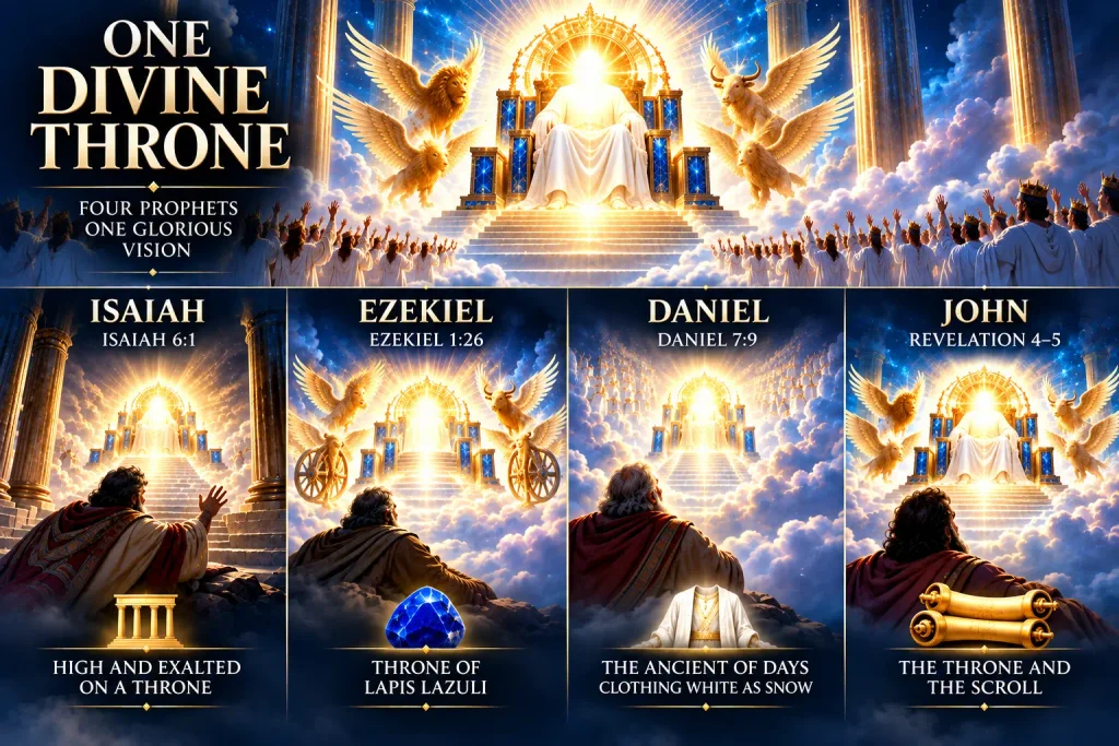 Infographic of the visits to the throne room in heaven by other prophets including John in Revelation 4.