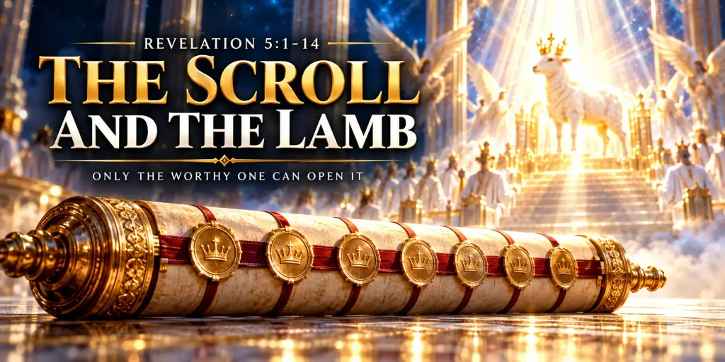 Infographic that shows who is worthy to open the scroll that is sealed in Revelation 5.