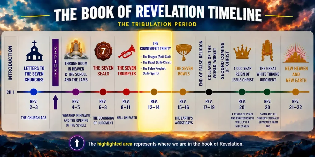 Infographic explaining where in the book of Revelation timeline does the woman clothed with the sun appear.